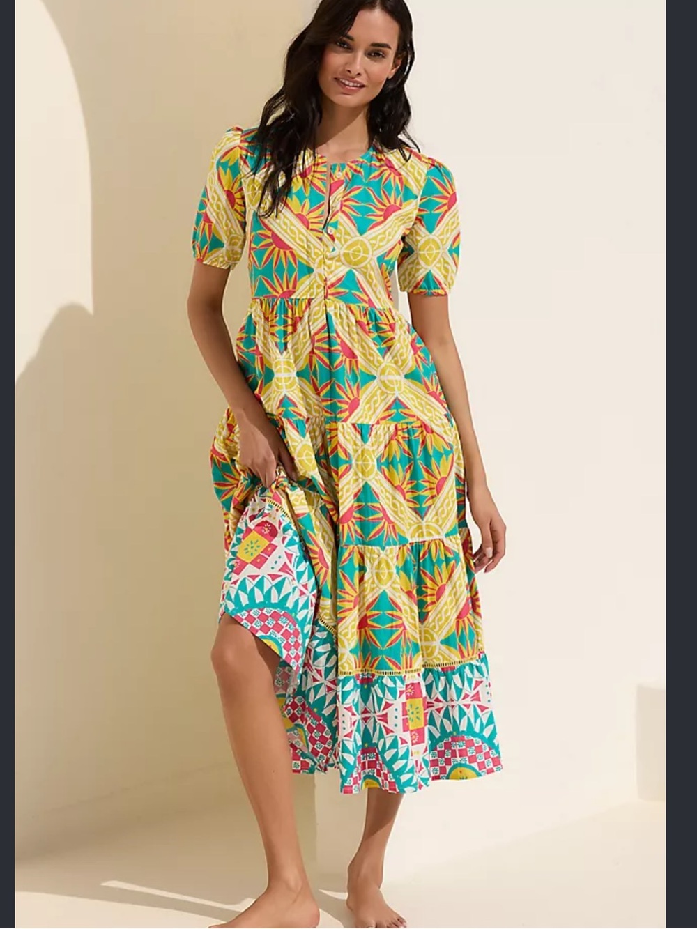Ro’s Garden Bright Yellow & Teal Printed Midi Dress
